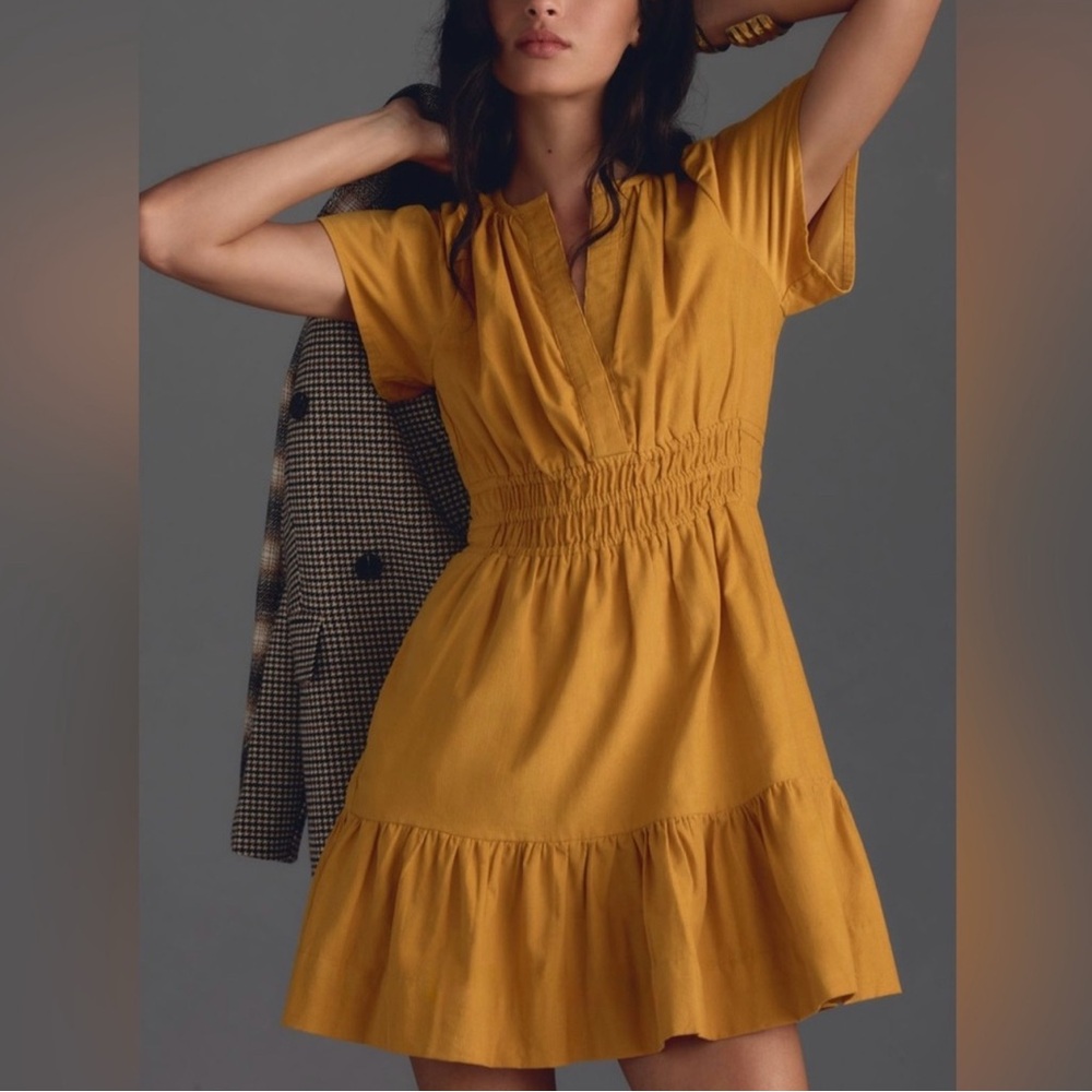 Anthropologie Elegant Corduroy Mustard Yellow Dress